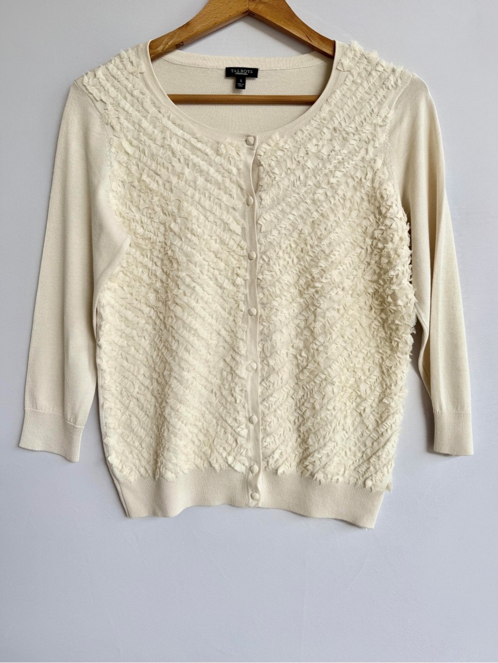 Talbots Cream Textured Button Front Cardigan 3/4 Sleeve Sweater, Small, NWOT
